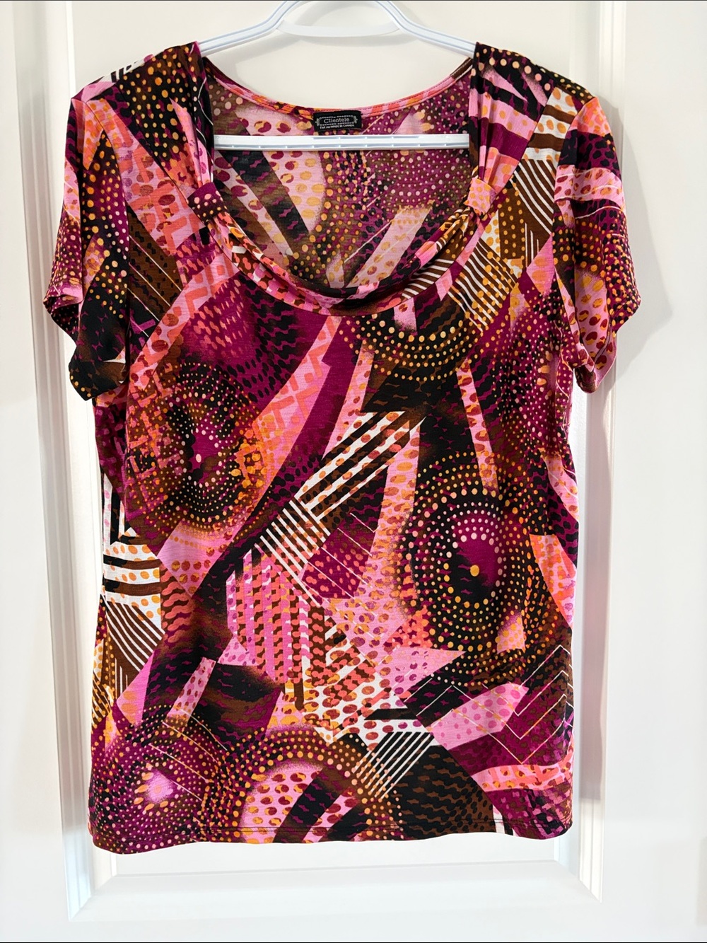 Cowl Neck Short Sleeve Tee - Pink Multi